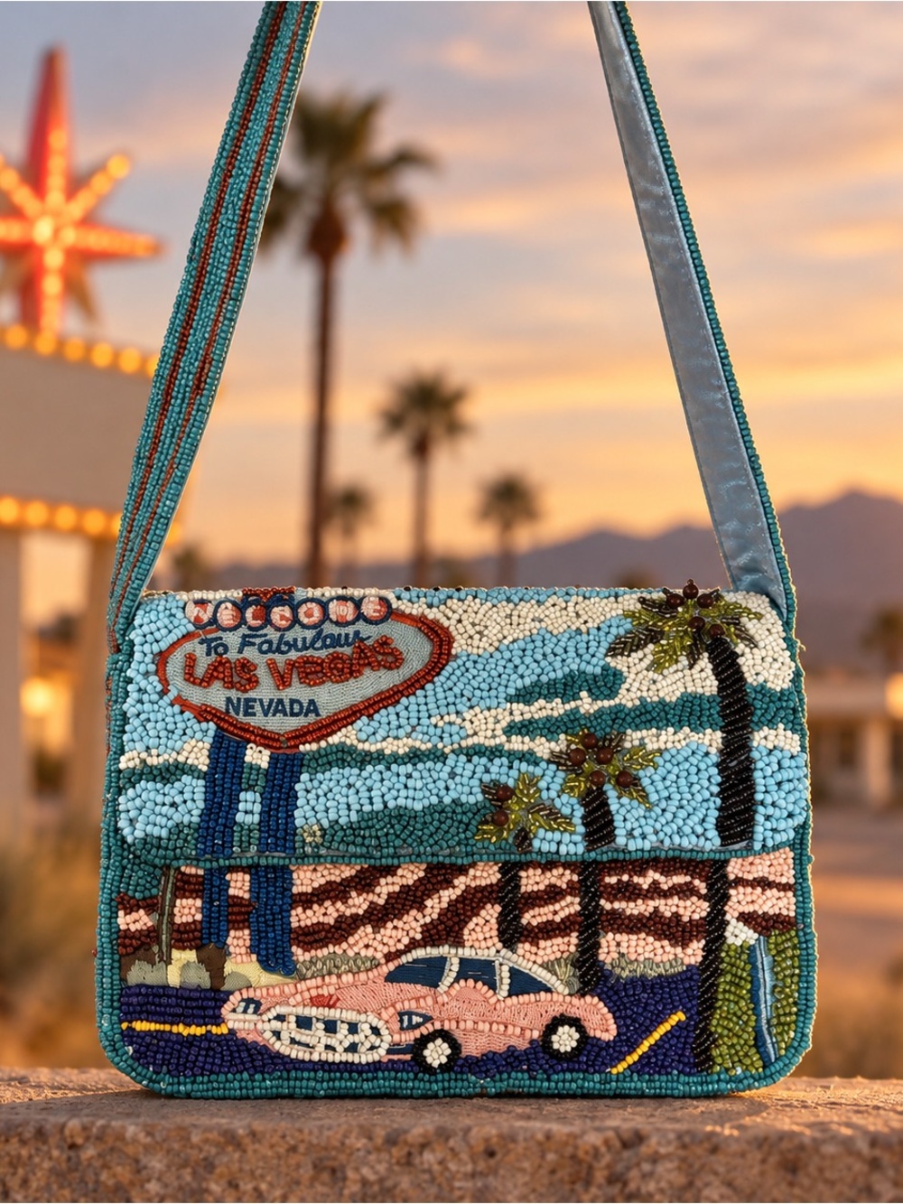 Beaded Turquoise Las Vegas Scene Crossbody Bag — Turquoise